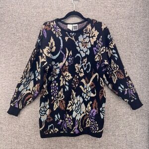 Vintage Chunky Sweater Medium Holiday Sparkly Dark Florals Lambswool Oversized